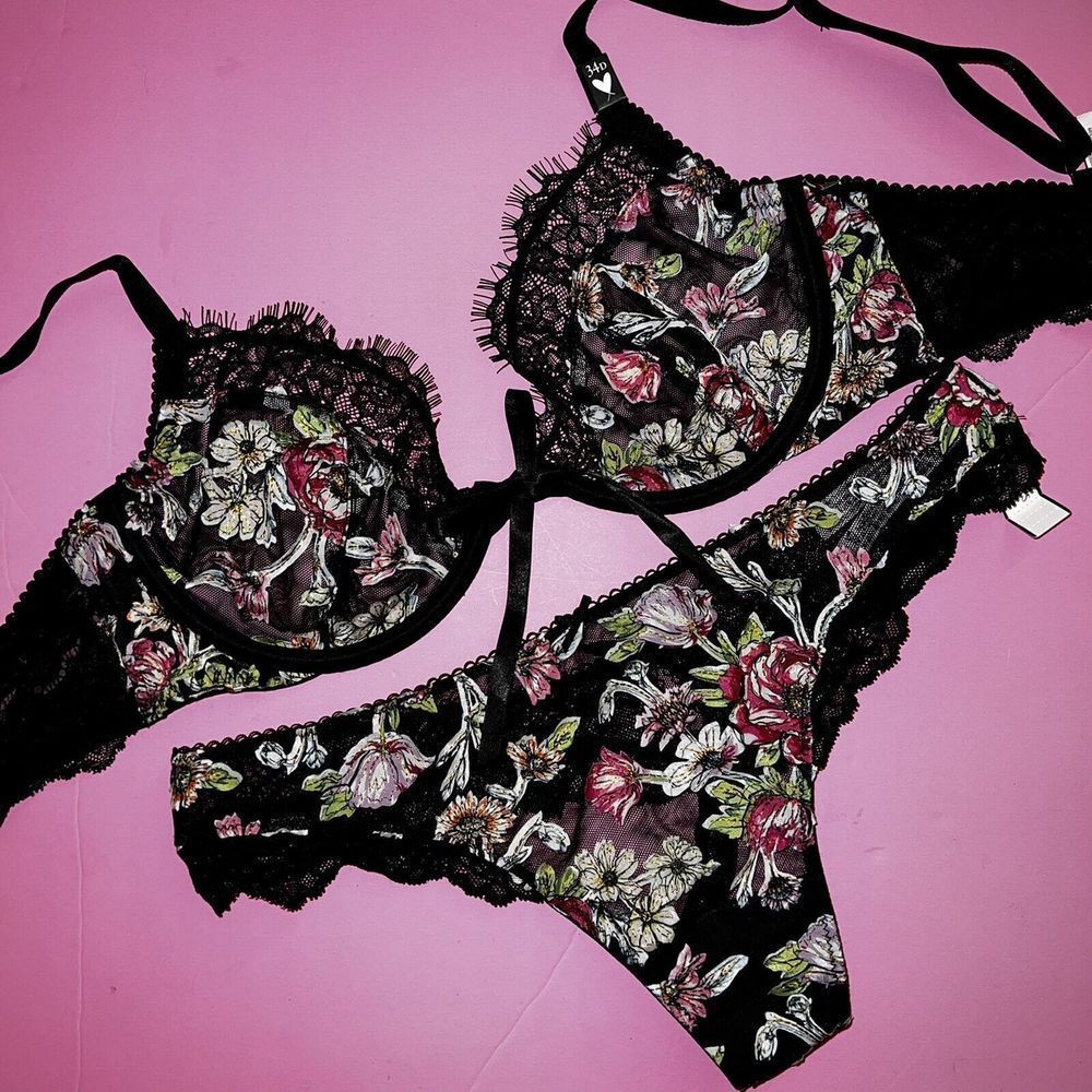 Victoria's Secret unlined 38B BRA SET BLACK hot pink floral applique embroidered